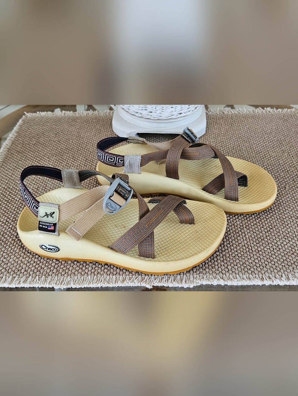 Chaco Ecru Footbed Sandals with Brown Webbing Straps For Women